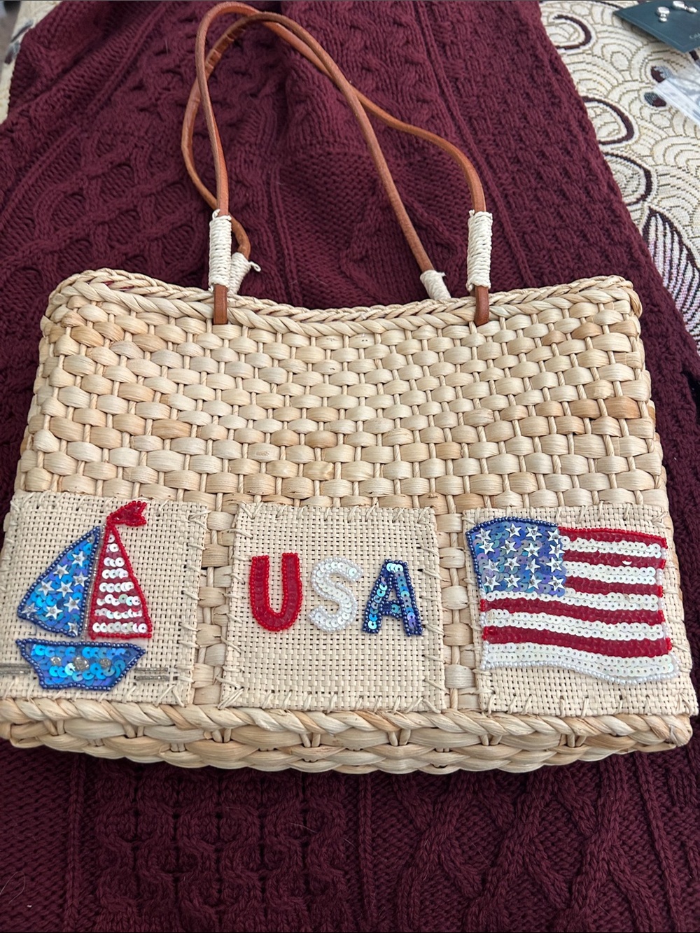 Sequin USA Patch Woven Straw Tote Bag - Red White Blue